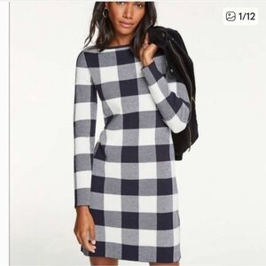 Ann Taylor Navy and White Plaid Long Sleeve Dress